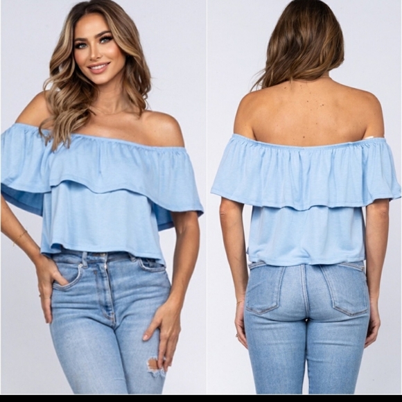 Beautiful Blue off shoulder ruffle semi cropped top - Picture 3 of 3